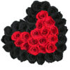 Сердце из черных и красных роз в коробке (сверху)